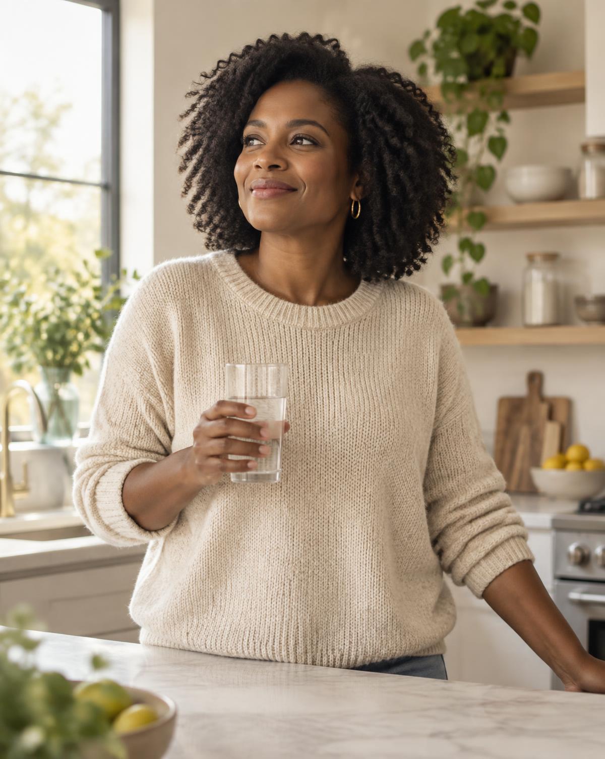 A woman standing in her kitchen in morning light, holding a glass of water